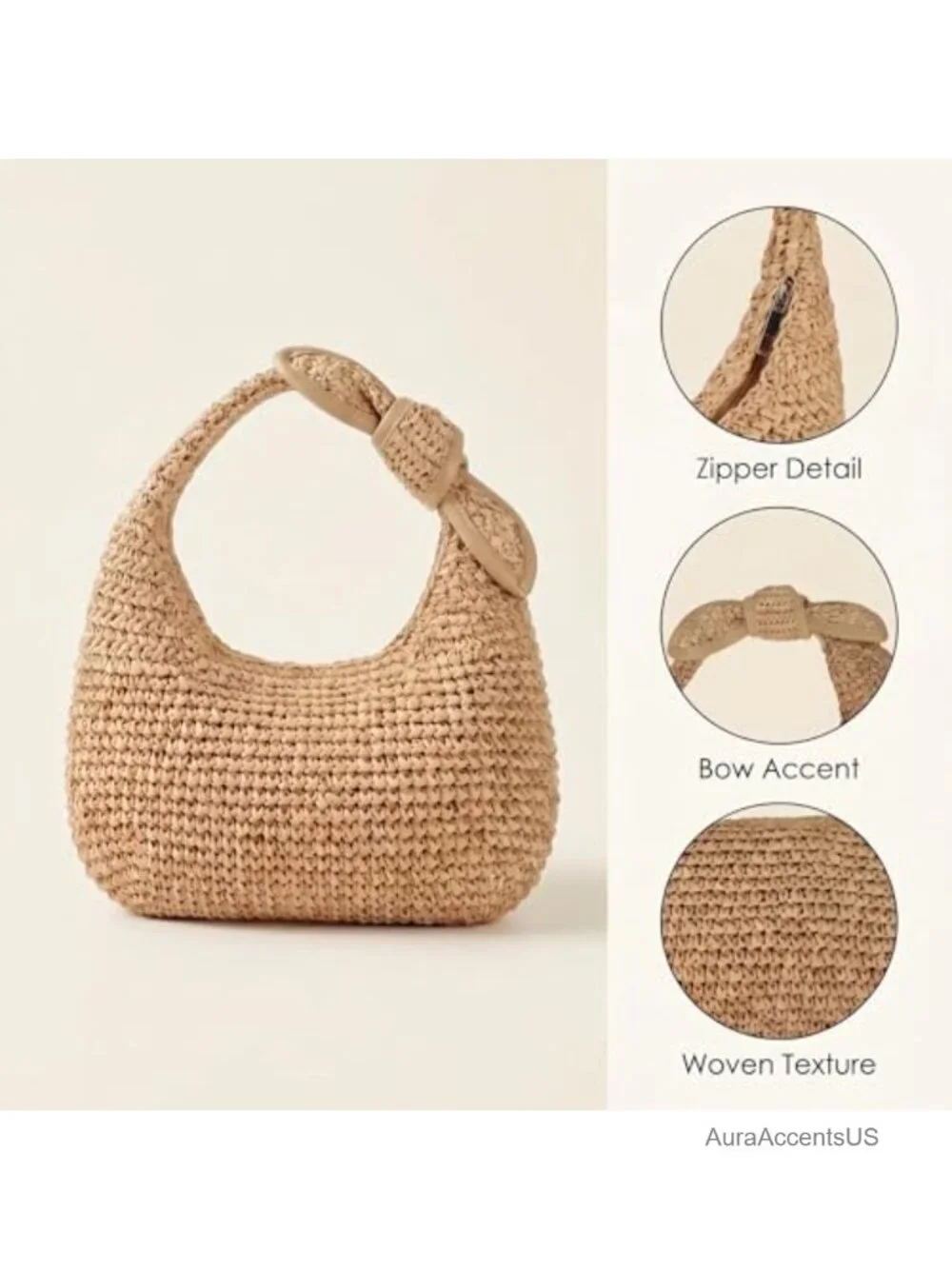 Handwoven Straw Hobo Bag with Bow Detail and Zipper